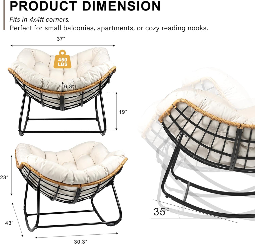 Outdoor Egg Rocking Chair, Indoor Papasan Rocking Chair with Thick Cushion, Modern Lounge Rocker for Balcony, Living Room, Bedroom, Porch, Lawn, Garden (Ivory)