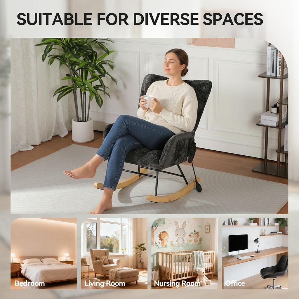 Rocking Chair with Airbag, Comfy Modern Reading & Nursing Nursery Rocking Chair indoor, Cozy Upholstered Glider Rocker Chairs with High Backrest for Living Room Bedroom Offices(Chenille, Black)
