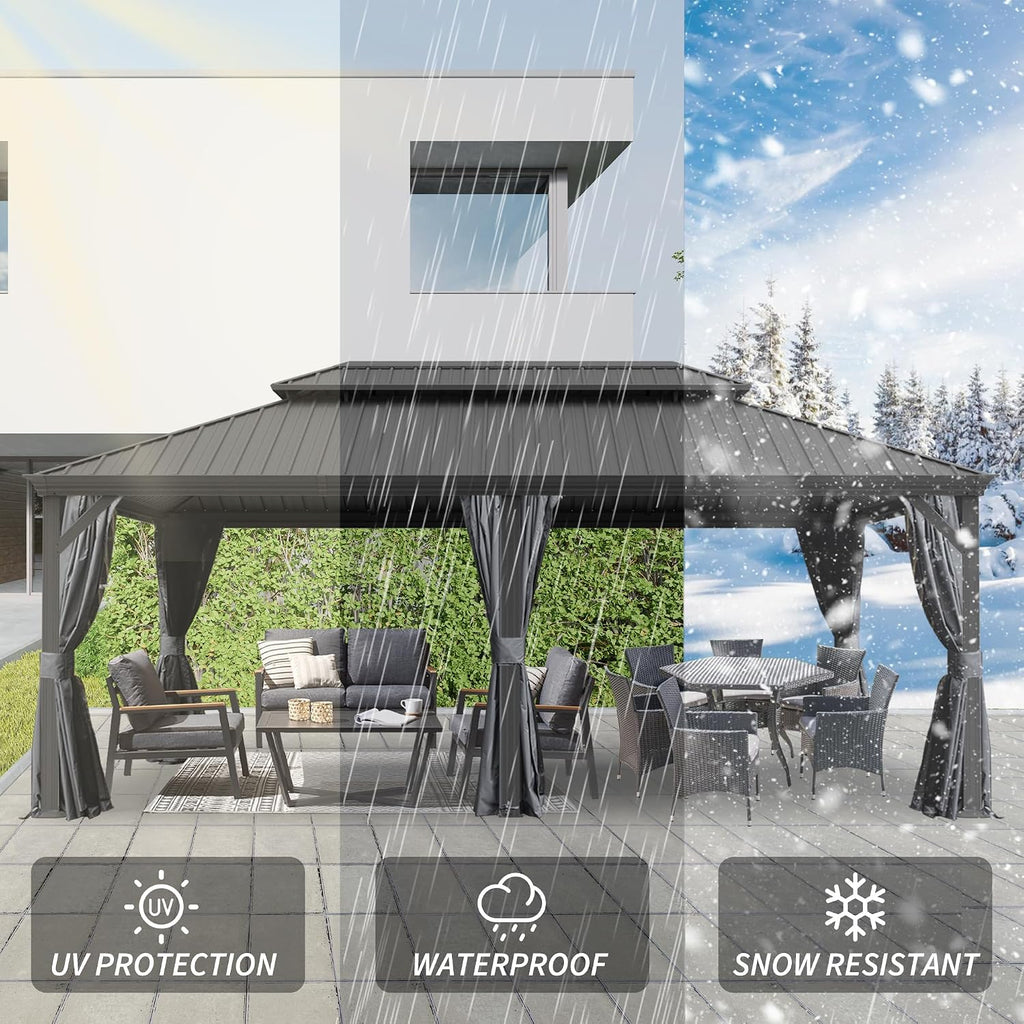 GOWE 14' X 20' Hardtop Gazebo, Upgraded Metal Gazebo with Drainage System, Dual-Layer Galvanized Steel Roof, Curtain and Netting, Outdoor Shelter Canopy for Patio, Garden, and Backyard, Grey