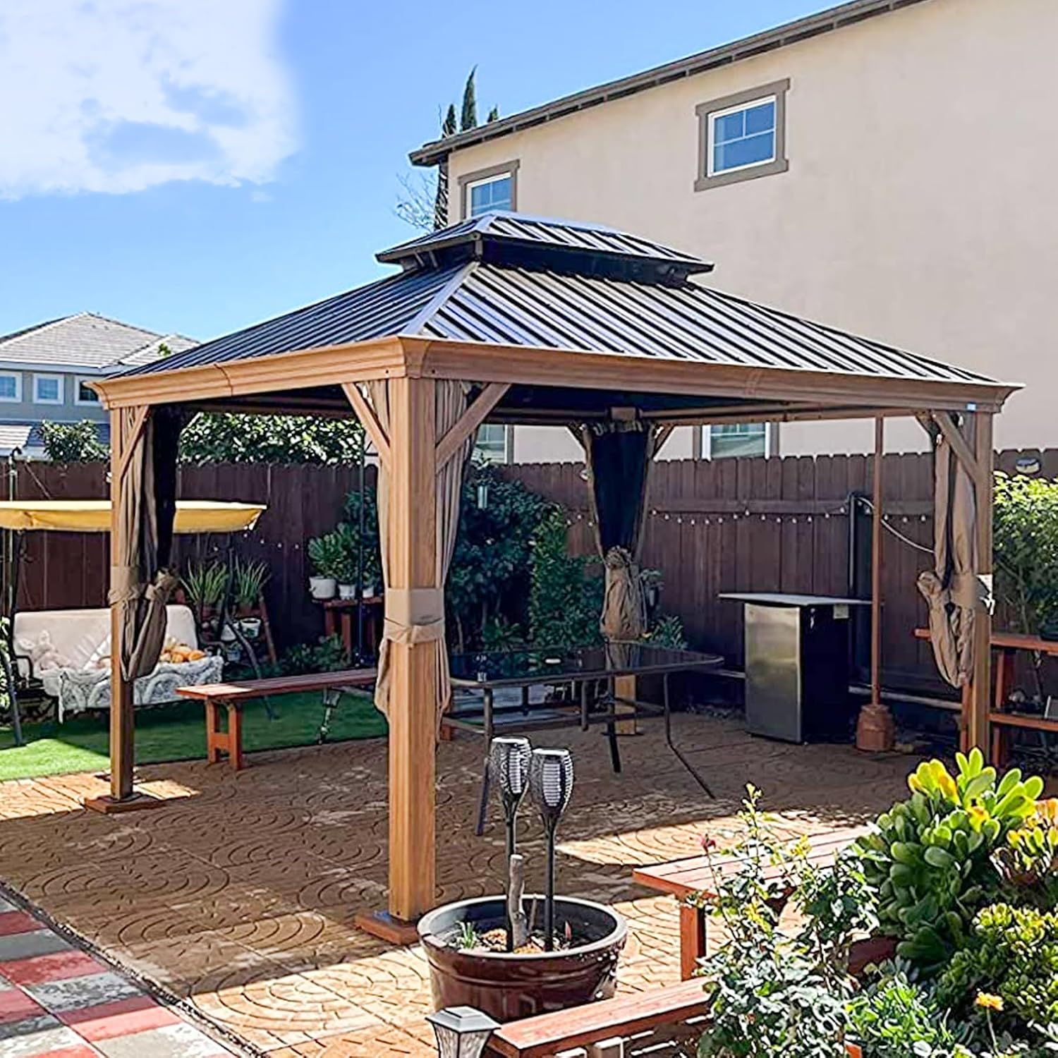 Domi Hardtop Gazebo 10x12FT, Outdoor Gazebo with Galvanized Steel Double Roof, Aluminum Frame, Built-in Gutter System, Curtain and Netting, Metal Gazebo Pavilion for Patio Deck Garden, Wood-Looking