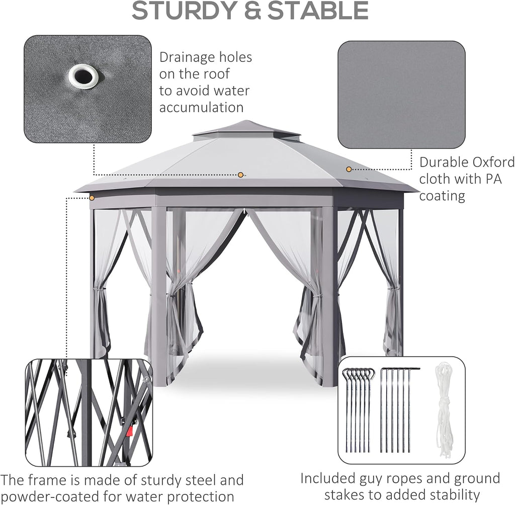 Outsunny 11' x 13' Pop Up Gazebo Canopy Tent with Zippered Mesh Sidewalls and Carrying Bag, Event Tent Shelter for Patio Garden Backyard, Gray