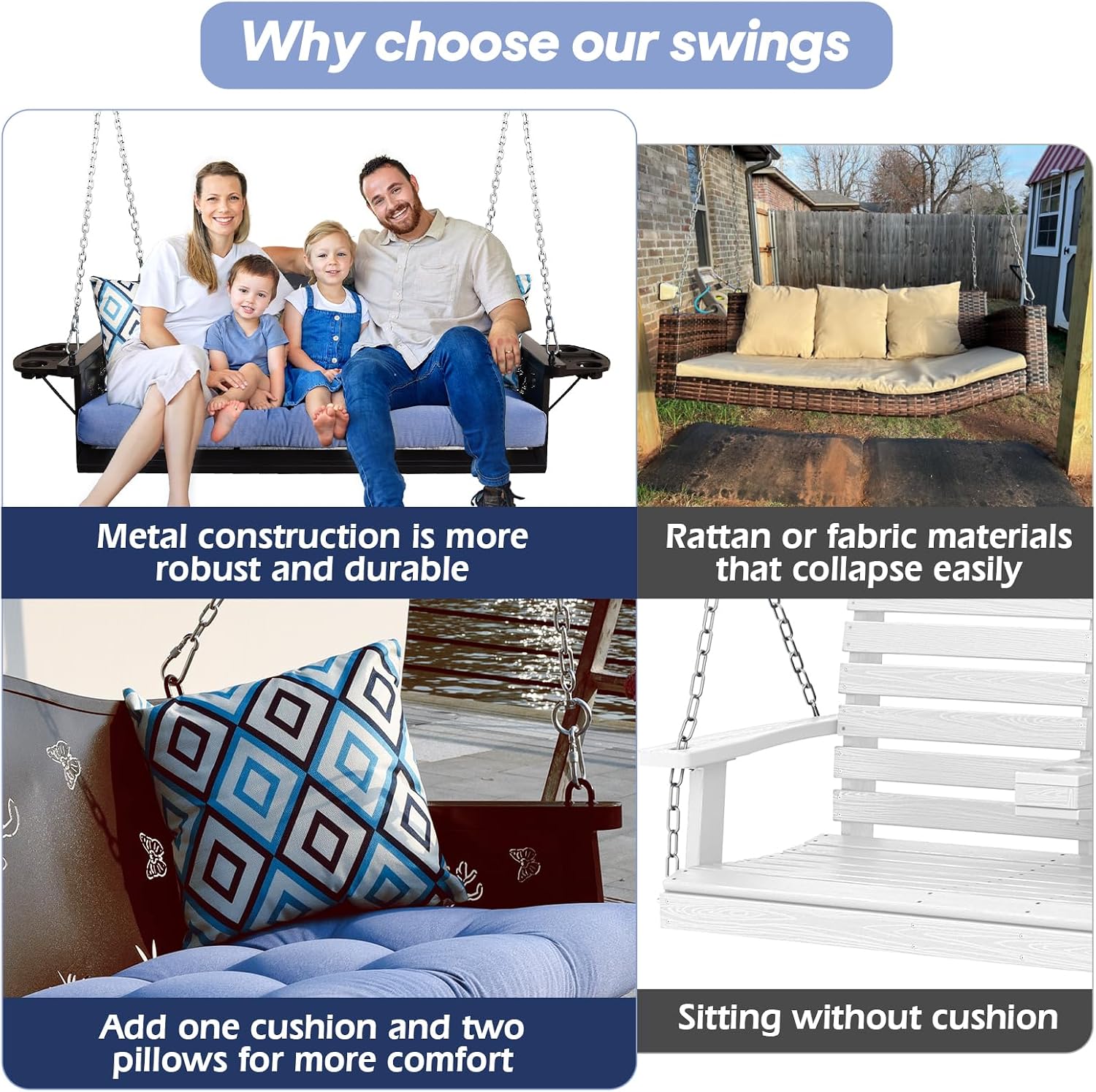 3-Seat Metal Porch Swing 900 LBS Heavy Duty Hanging Bench with Upgraded Tray & Cushions Rust-Resistant Finish Swing Chair with 8.9FT Chains for Patio Lawn Garden