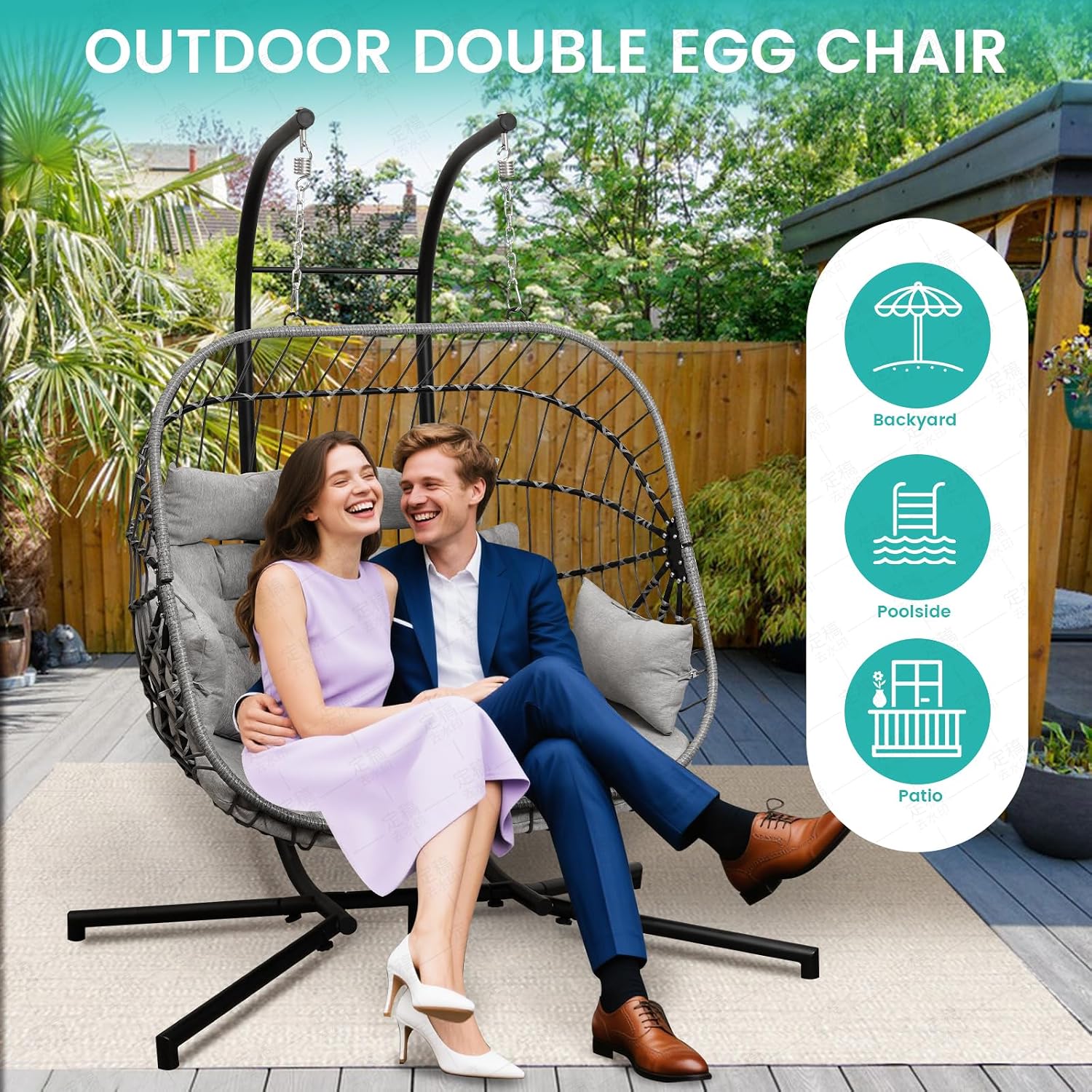 Double Egg Swing Chair with Stand Patio Rattan Wicker Hammock Chairs Outdoor Indoor Egg Swing Chair with Cushion Headrest 550 Lbs Capacity for Bedroom Balcony Garden Porch Backyard, Grey