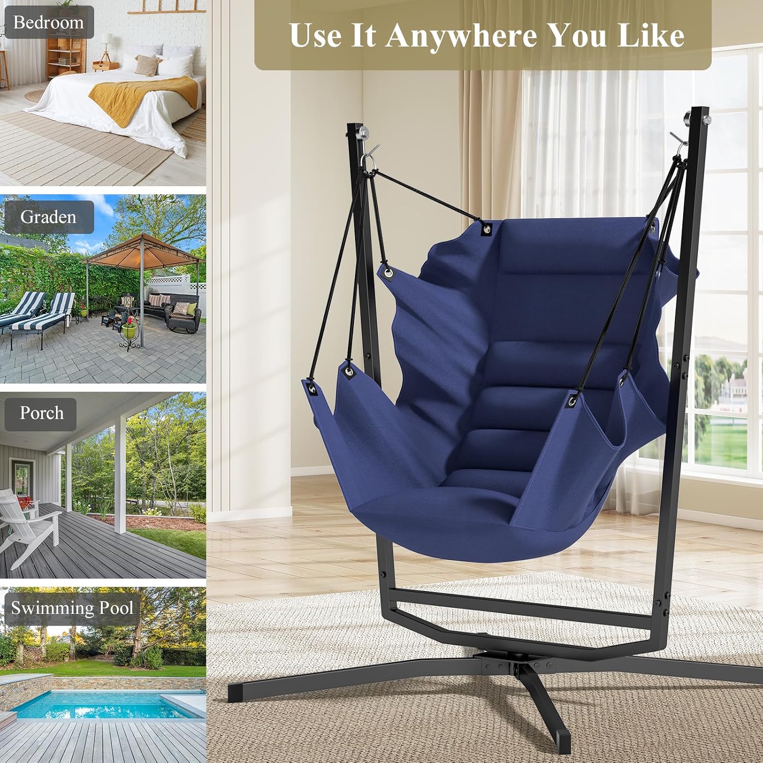 360° Swivel Hammock Swing Chair with Stand - Comfortable Hanging Chair with Cushions (400 lbs Capacity) for Indoor/Outdoor Use - Perfect for Bedroom, Patio, Porch, Deck, Garden, Balcony