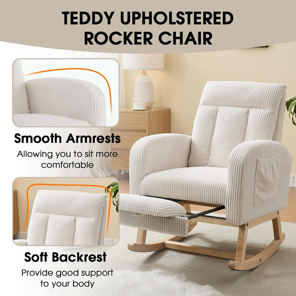 NIOIIKIT Nursery Rocking Chair, Corduroy Upholstered Rocking Chair with Adjustable Footrest, Tufted Rocker Chair with Side Pocket, Glider Rocker for Living Room (Cream Casual)