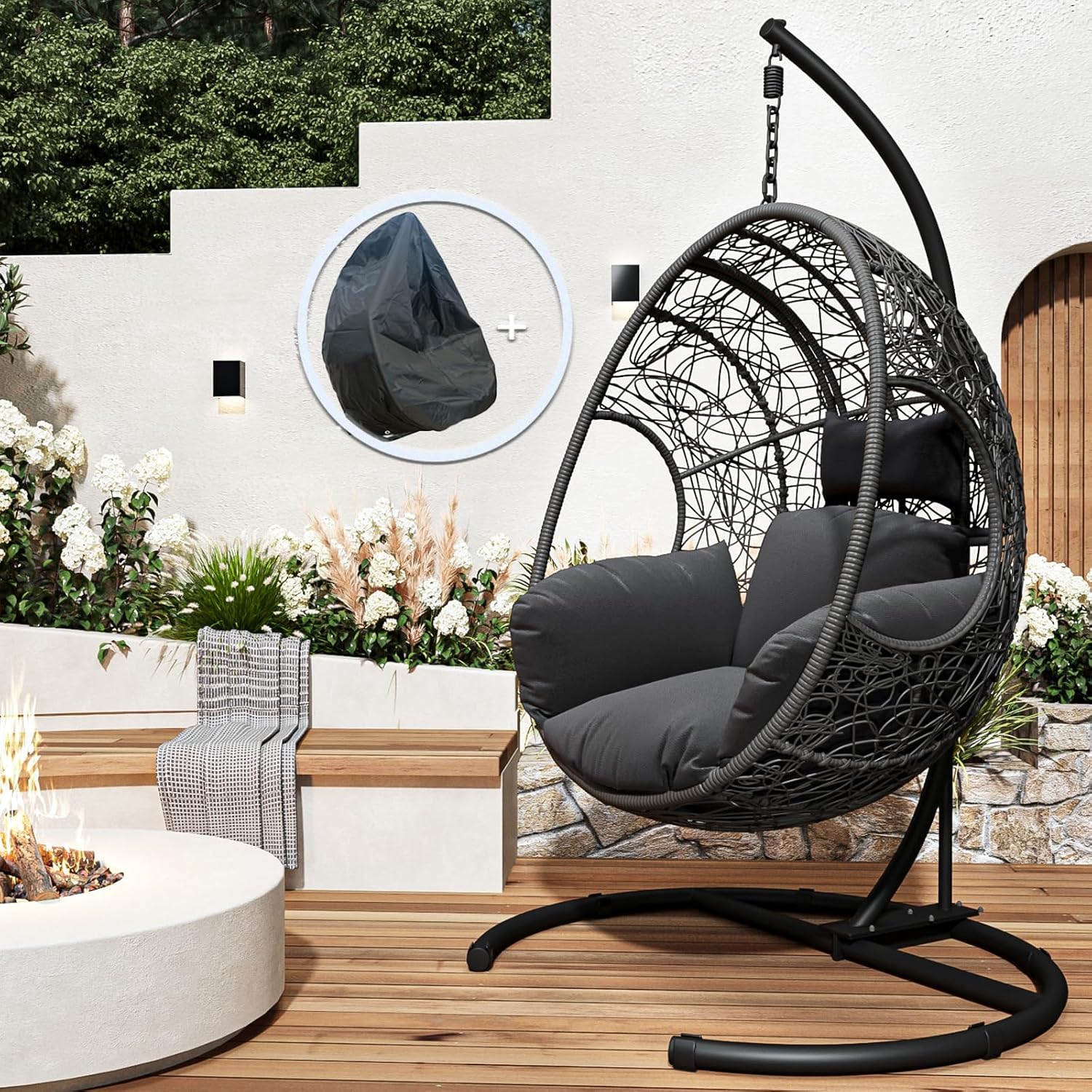 JOYBASE Hanging Egg Chair with Stand, Oversized Patio Swing Chair with Stand and Cushion, Hammock Wicker Rattan Lounge Chair for Indoor Outdoor Backyard Garden (Dark Grey)