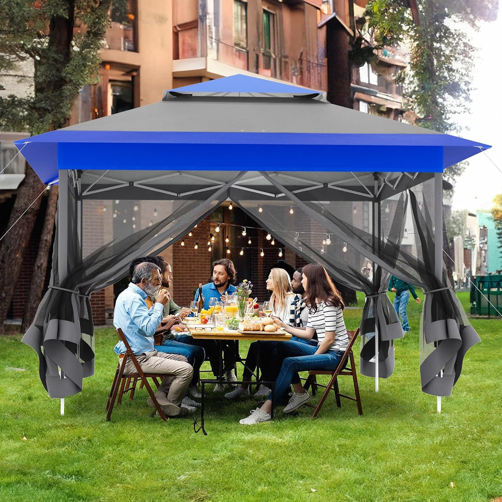 MAMIZO 13ft Pop Up Gazebo, Outdoor Instant Canopy Tent w/4 Netting Sidewall & Auto Extending Eave, Patio Gazebos Shelter w/Mesh Wall, Center Lock, Wheeled Bag for Garden, Yard (Blue, 13X13FT)