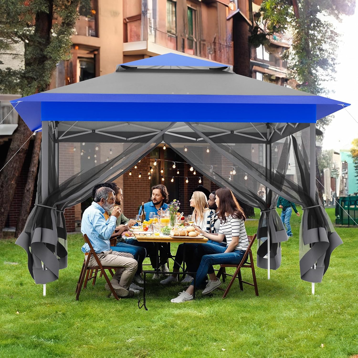 MAMIZO 13ft Pop Up Gazebo, Outdoor Instant Canopy Tent w/4 Netting Sidewall & Auto Extending Eave, Patio Gazebos Shelter w/Mesh Wall, Center Lock, Wheeled Bag for Garden, Yard (Blue, 13X13FT)