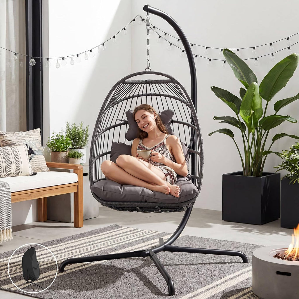 BULEXYARD Patio Hanging Egg Chair with Stand and Water-Resistant Cover, 350 Lbs Durable Rattan Wicker Hammock Swing with Cushion, Foldable Basket for Outdoor Balcony Bedroom Porch, Dark Grey
