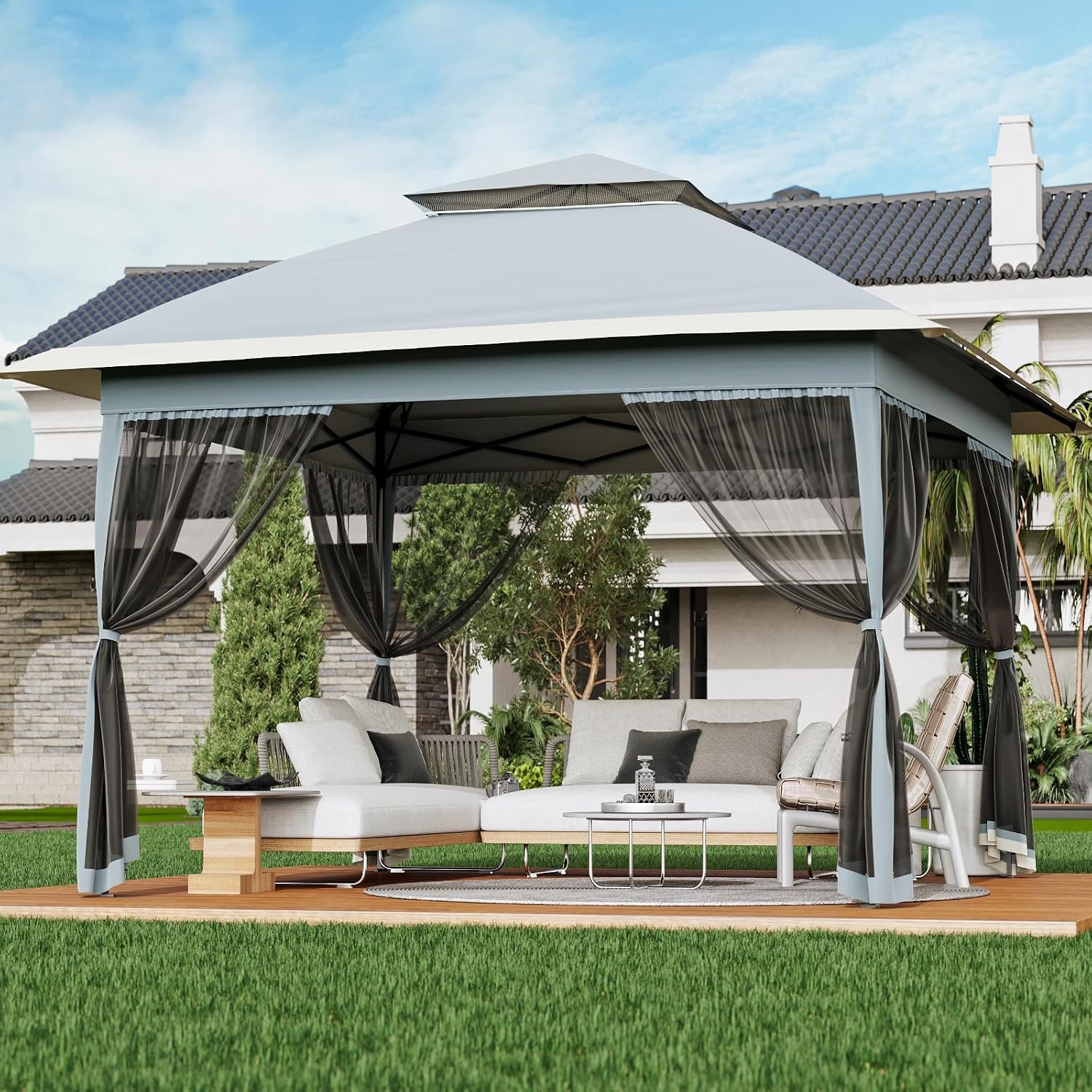 Pop-Up Gazebo, 13 x 13 ft Canopy Tent, Patio Canopy Shelter, Instant Easy Set Up, Waterproof and UV-Resistant Proof, 4 Mosquito Mesh Nettings, Adjustable Height, Wheeled Carring Bag, Backyard Gazebos