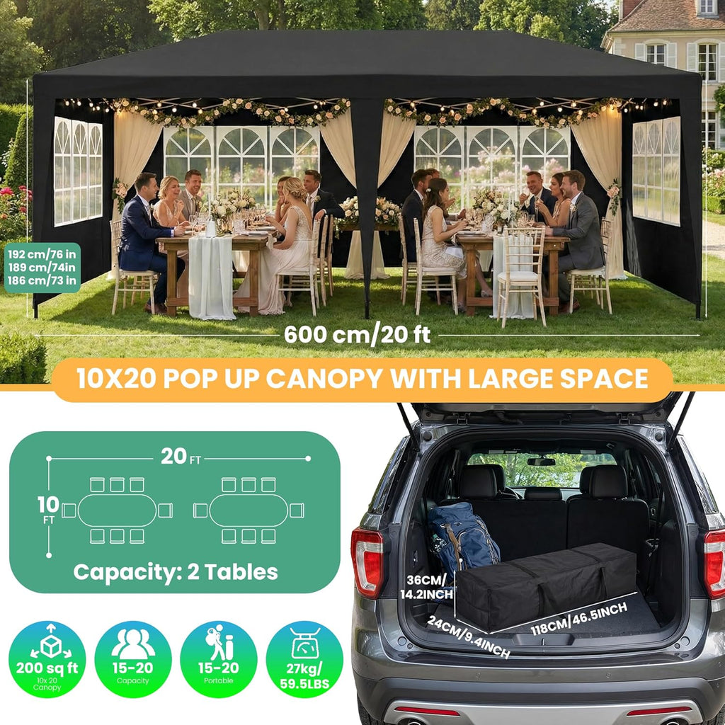 10x20 Pop Up Canopy Outdoor Party Tent with 6 Sidewalls, Outdoor Wedding Party Tent Waterproof UV50 Commercial Canopy Event Shelter Gazebo Tents for Parties, 6 pcs Weight Bag,Carry Bag