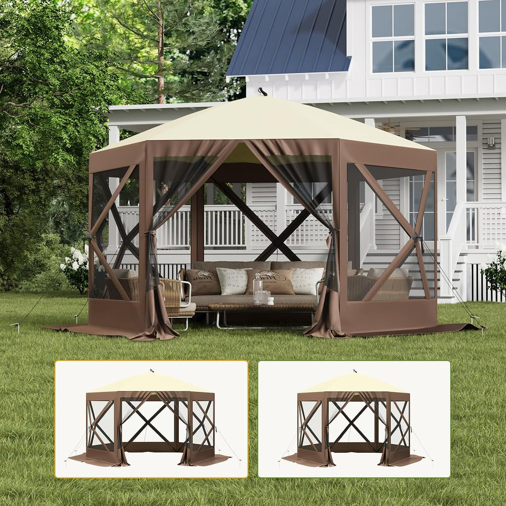 Pop Up Gazebo for Camping, 10x10ft Portable Outdoor Netting Canopy Shelter Tent, Folding Lightweight 6 Side Walls Screen House Tent with Storage Bag, Ground Stakes for Patio Backyard Party, Brown