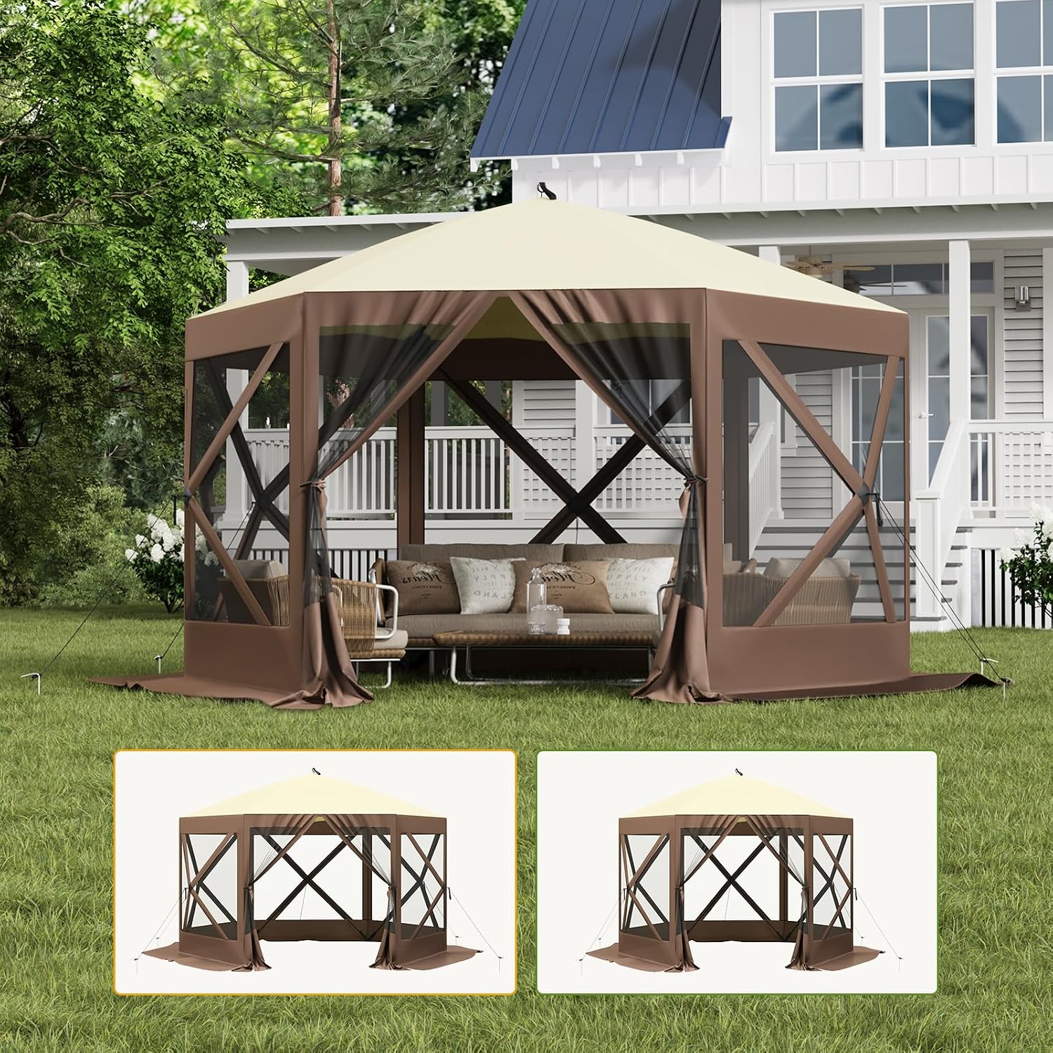 Pop Up Gazebo for Camping, 10x10ft Portable Outdoor Netting Canopy Shelter Tent, Folding Lightweight 6 Side Walls Screen House Tent with Storage Bag, Ground Stakes for Patio Backyard Party, Brown