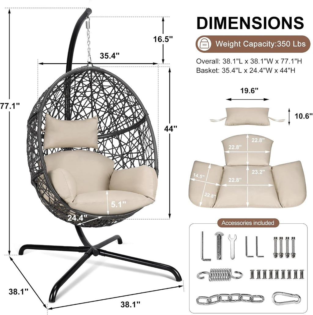 NICESOUL Bird Cage Swing Egg Chair, UV/Water-Resistant 450lbs Capacity Wicker Swinging Chairs with Stand, Comfy Oversized Hanging Seat w/Cushion, Metal Frame & Cover for Indoor Outdoor, Grey & Beige