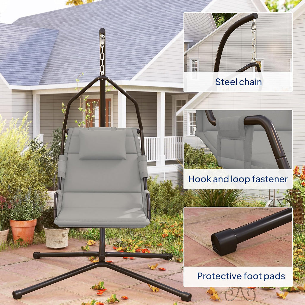 Outsunny Hammock Chair with Stand, Hammock Swing with PA Coating Oxford Fabric Cushion, Indoor Outdoor Hanging Chair with Chain, Steel Frame for Bedroom, Patio, Balcony, Gray