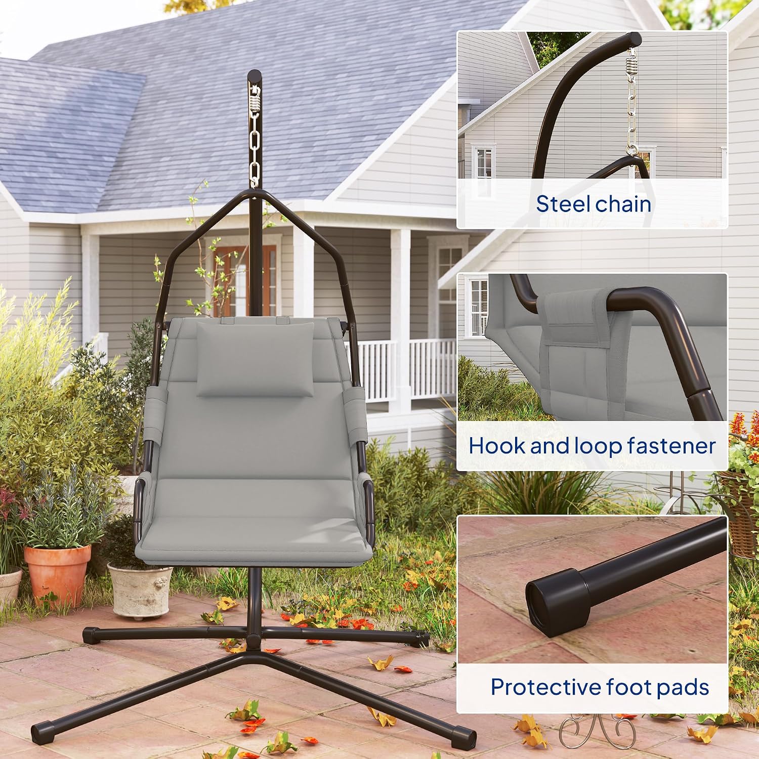 Outsunny Hammock Chair with Stand, Hammock Swing with PA Coating Oxford Fabric Cushion, Indoor Outdoor Hanging Chair with Chain, Steel Frame for Bedroom, Patio, Balcony, Gray