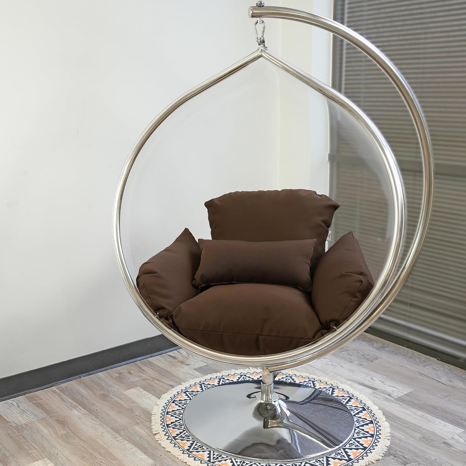 Hanging Chair - Transparent Acrylic Bubble, Waterdrop Shape, Indoor Swing Chair with Gold/Chrome Stand, Durable Fabric Cushion - Luxury Accent for Living Room, Bedroom (Chrome/DarkCoffee)