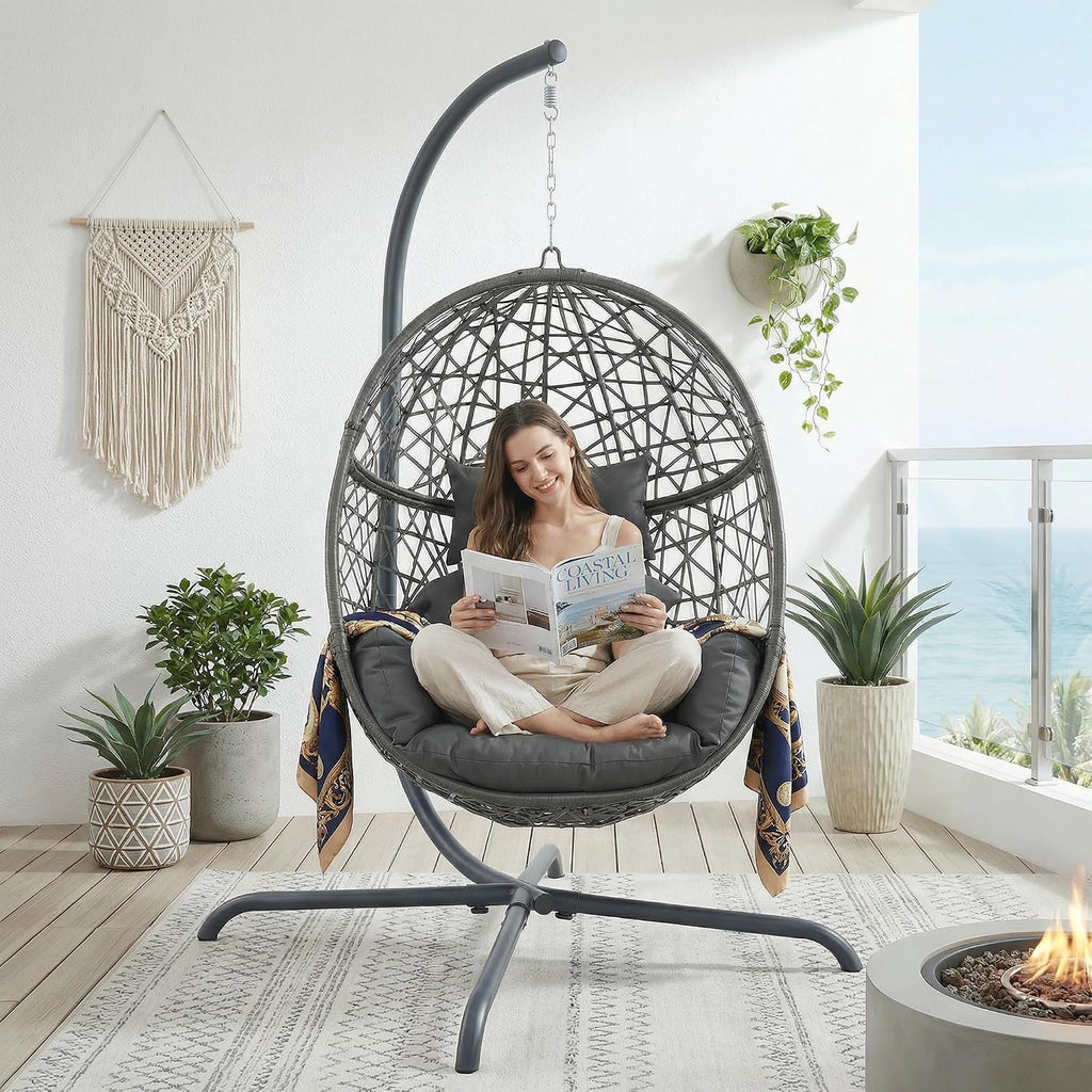 BULEXYARD Oversized Hanging Egg Chair with Stand, Indoor Outdoor Wicker Bird Cage Swing Chair, Patio Hammock Egg-Shaped Swinging Chair with Dark Grey Cushion for Garden, Bedroom, 350LBS Capacity