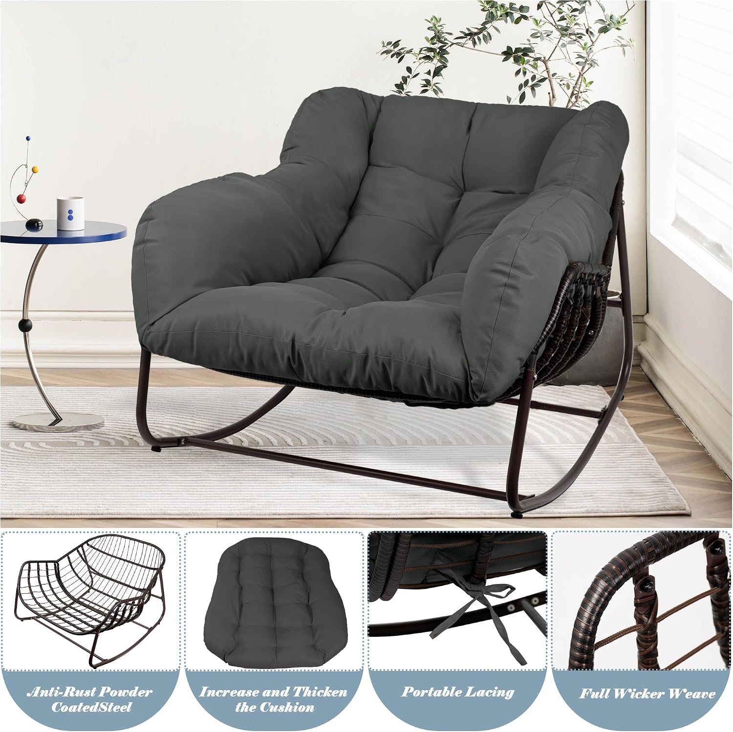 Outdoor Papasan Rocking Chair, Oversized Patio Rocking Chairs with Padded Cushion& Pillow-Comfortable Rocker Egg Chair for Front Porch, Garden, Patio, Backyard,1PC,Grey