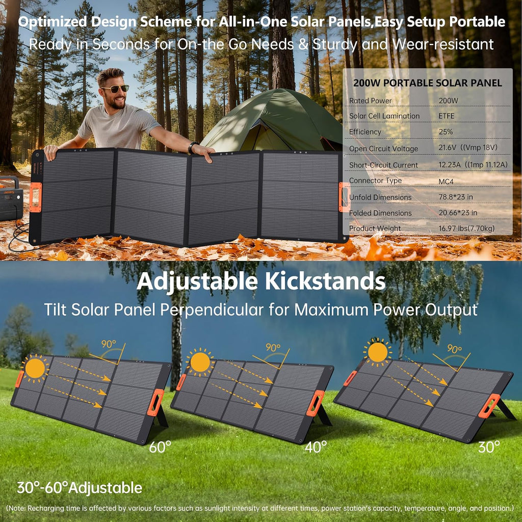 200W Portable Solar Panel Charger,Foldable Solar Panel for Power Station,QC3.0 USB-A &Type-C Output,25% High Efficiency,IP68,Integrated Design Sturdy Durable ETFE for Outdoor Camping,RV,Trip