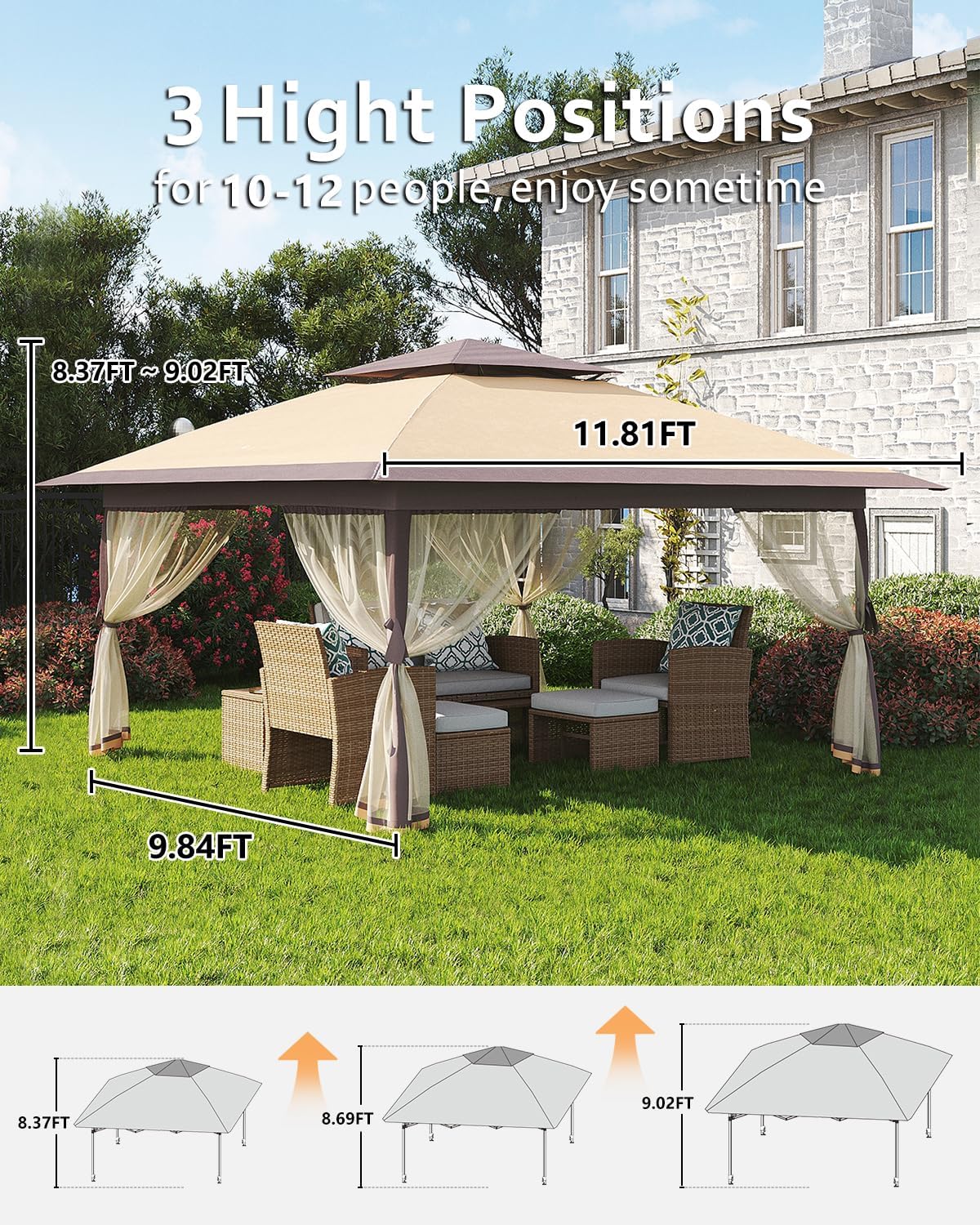 12x12 Canopy Tent, Pop Up Gazebo with Mosquito Netting, Outdoor Gazebo with 4 Sandbags & Wheeled Bag, pop up Canopy for Backyard & Patio Furniture, Patio, Deck