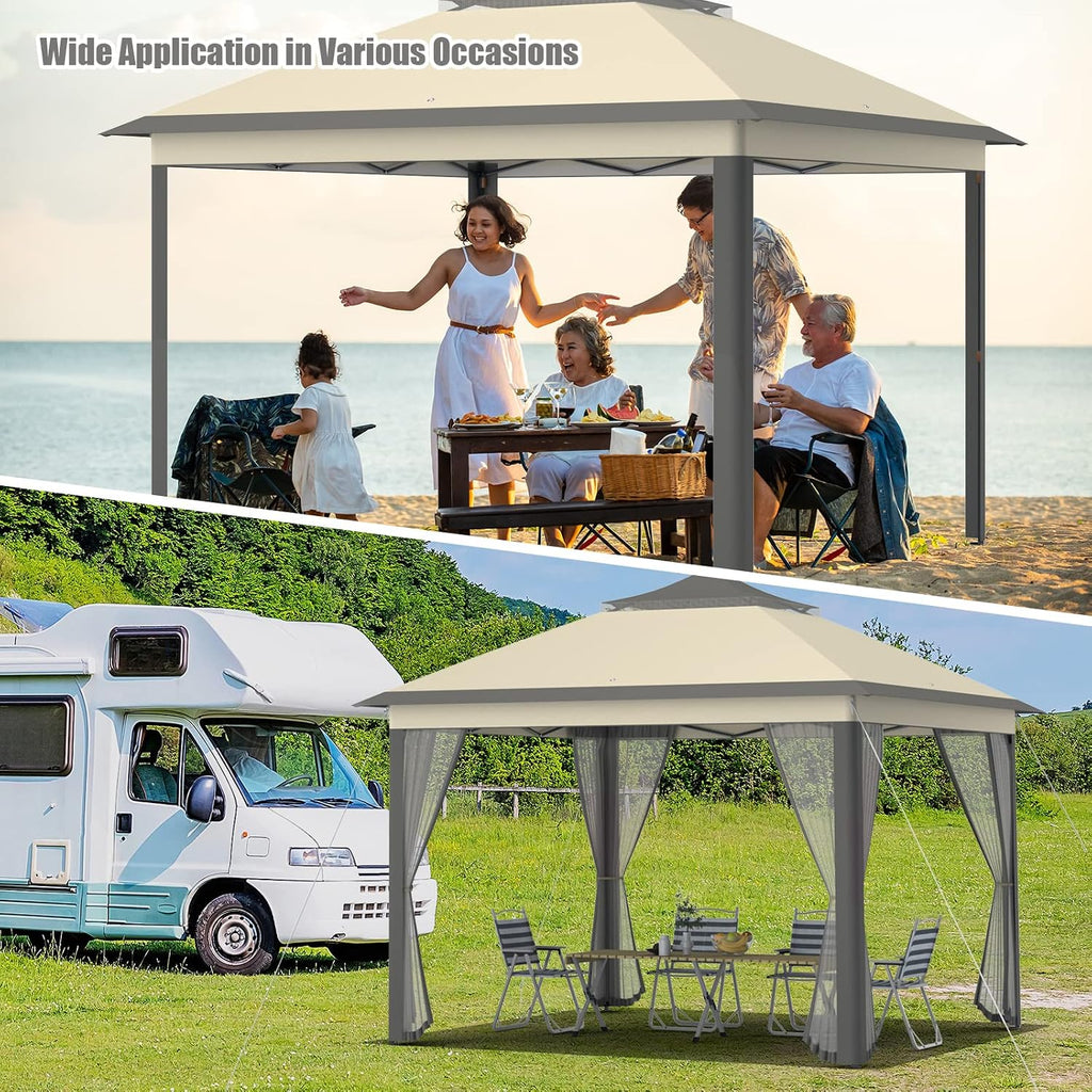 Tangkula 11x11 Ft Pop up Gazebo, 2-Tier Patio Gazebo with Netting, Carry Bag, Easy Set up Outdoor Gazebo with 121 Square Feet of Shade for Backyard, Deck, Poolside (Brown)