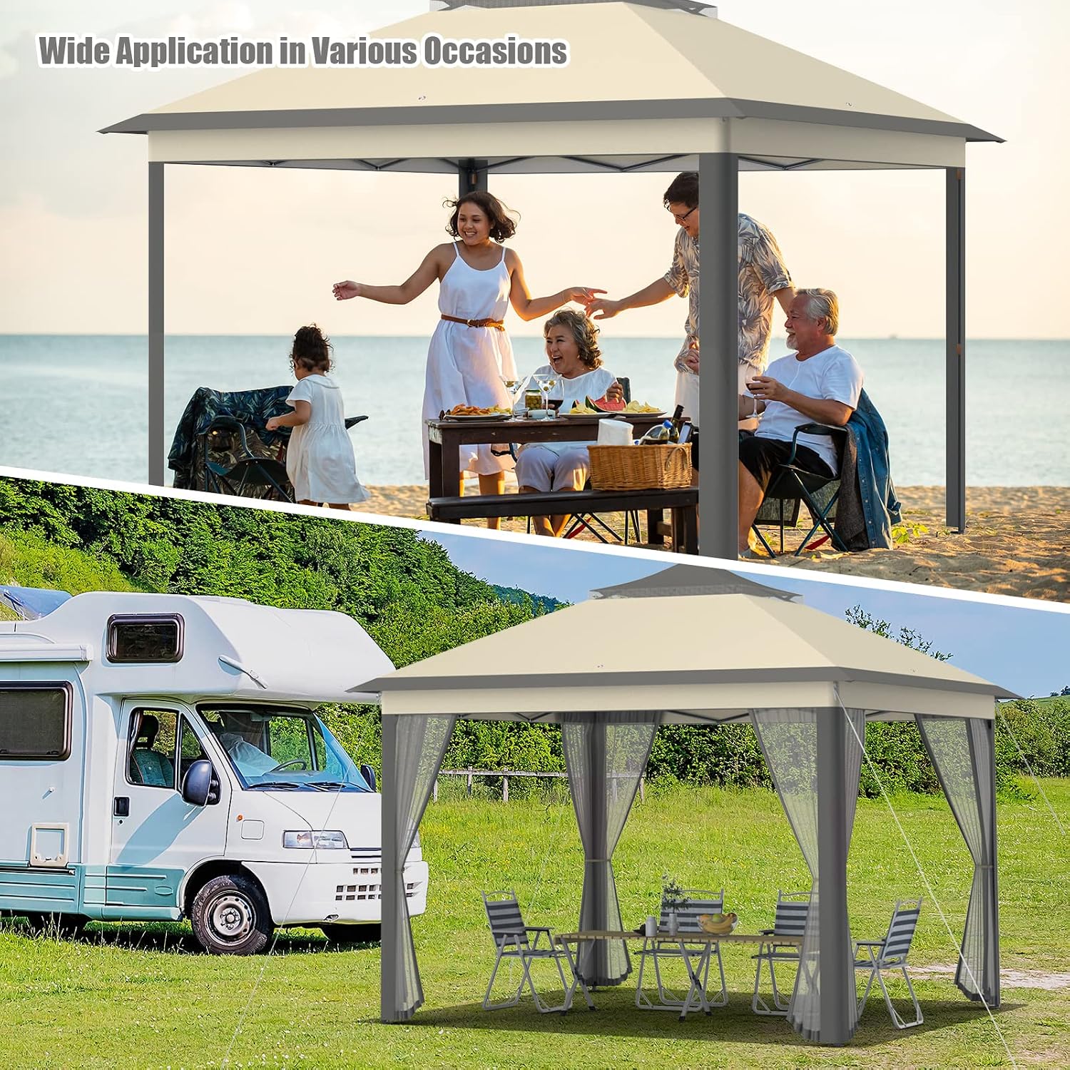 Tangkula 11x11 Ft Pop up Gazebo, 2-Tier Patio Gazebo with Netting, Carry Bag, Easy Set up Outdoor Gazebo with 121 Square Feet of Shade for Backyard, Deck, Poolside (Brown)