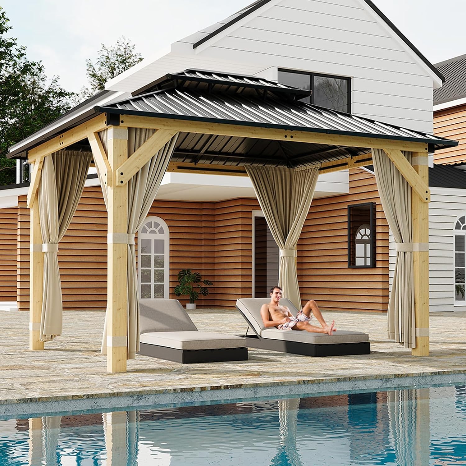 10 * 12FT Hardtop Gazebo Outdoor Wood Gazebo Canopy Shelter with 4-Post Wooden, Netting & Curtains Double-Top Design for Patio Backyard Garden Wedding Party
