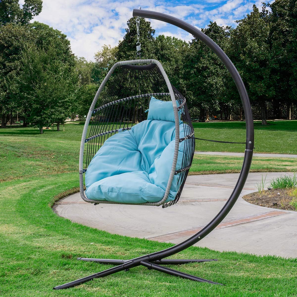 Barton Outdoor Wicker Hanging Chair Swing Chair Patio Egg Chair UV Resistant Soft Deep Fluffy Cushion Relax Basket Porch Lounge (Aqua)