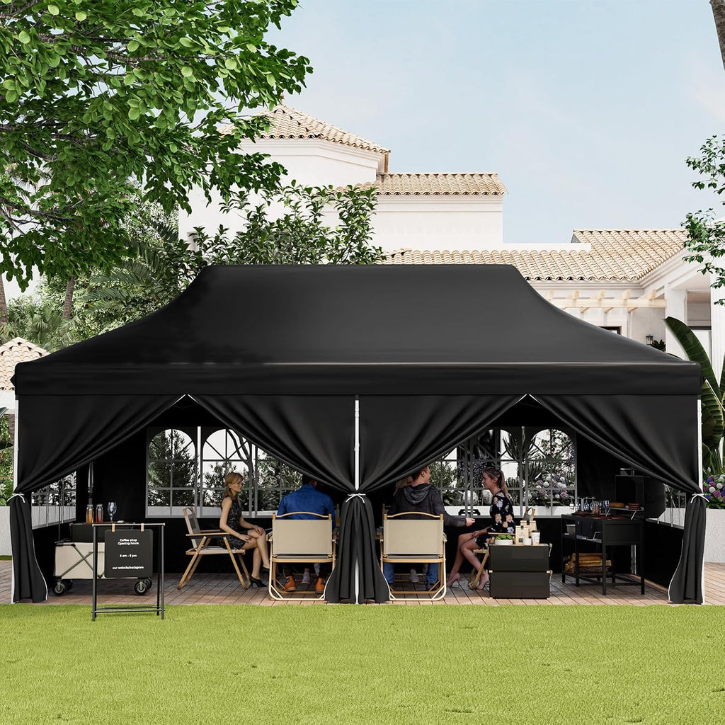 HAPPYGRILL 10x20FT Pop-up Canopy with Detachable Sidewalls, Instant Canopy Tent with Carrying Bag, UPF50+ Sun Protection, Easy Setup Gazebo for Outdoor Party Wedding, Black
