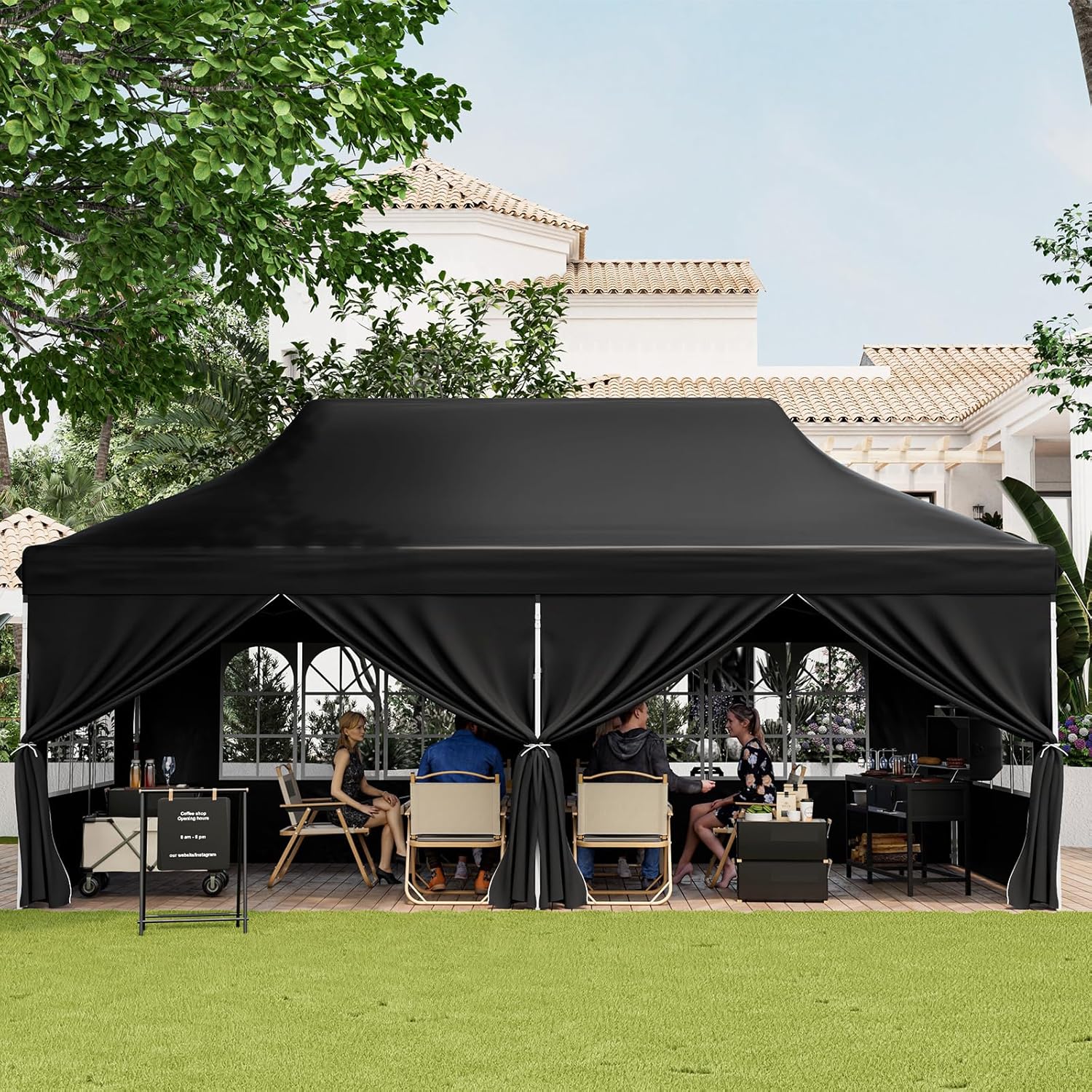 HAPPYGRILL 10x20FT Pop-up Canopy with Detachable Sidewalls, Instant Canopy Tent with Carrying Bag, UPF50+ Sun Protection, Easy Setup Gazebo for Outdoor Party Wedding, Black