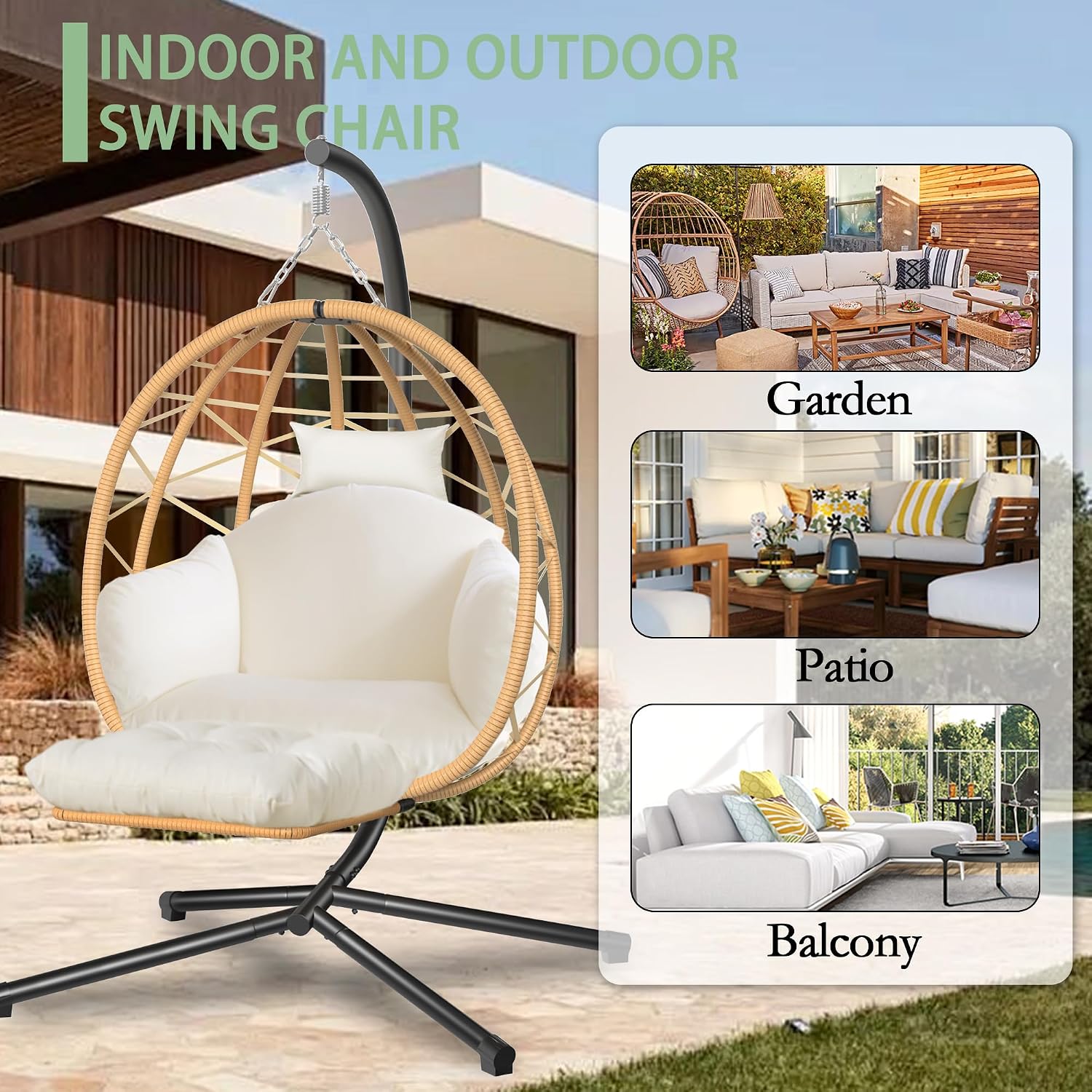 Hanging Egg Chair with Stand and Leg Rest Outdoor Indoor Swing Rattan Wicker with UV Resistant Cushions Gift for Kid Mom Girlfriend use for Bedroom Patio Balcony Nest Chair