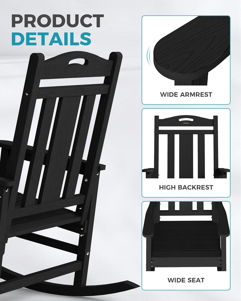 Ciokea Oversized Outdoor Rocking Chair, 380lbs Heavy-Duty Large Patio Rocker, Weather Resistant & Anti-Fade Porch Chair, High Back Cozy Rocking Chair for Outside, Fire Pit, Deck, Garden, Black