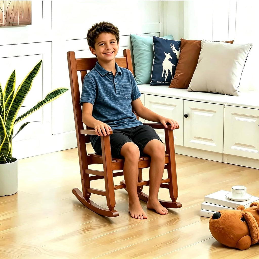 Kids Rocking Chair Set of 2 for Toddler & Children Comfy Recliner Wooden Rocker for Baby Girls Outdoor Lounge Child for Age 6-10 Indoor Anti-Tip Design Safe & Sturdy Brown