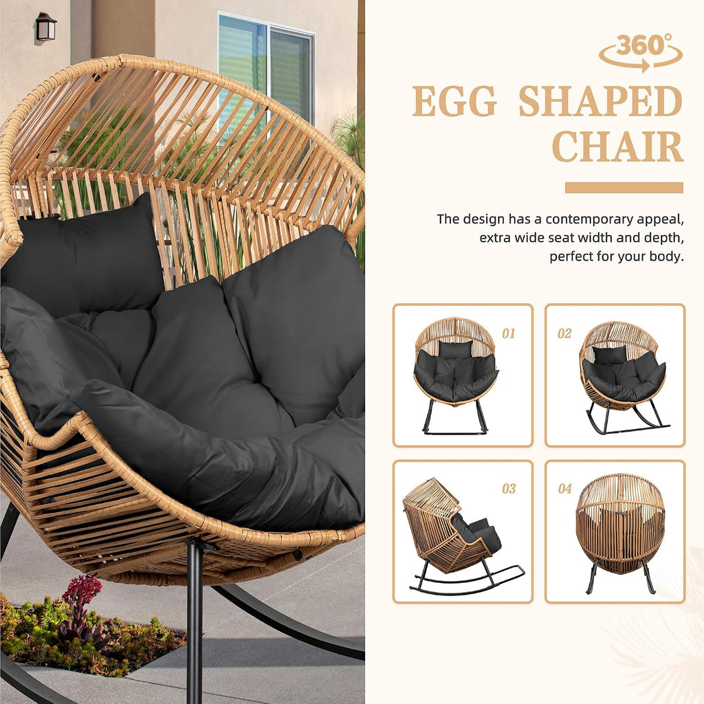 Vongrasig Wicker Rocking Egg Chair PE Rattan with Cushion, Oversized Patio Lounge Rocker Chair for Outdoor, Indoor, Balcony, Backyard, Garden, Black
