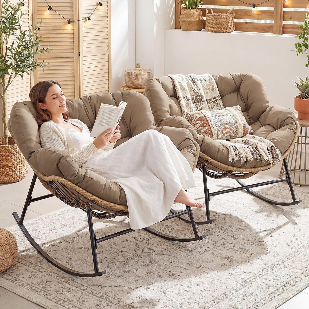 FINCATI Patio Rocking Chair Set of 2, Outdoor Indoor Oversized Papasan Chairs, 2 Person Double Wicker Egg Rockers with Padded Cushions, Comfort Lounger Funiture for Reading Relaxing Outside Bedroom