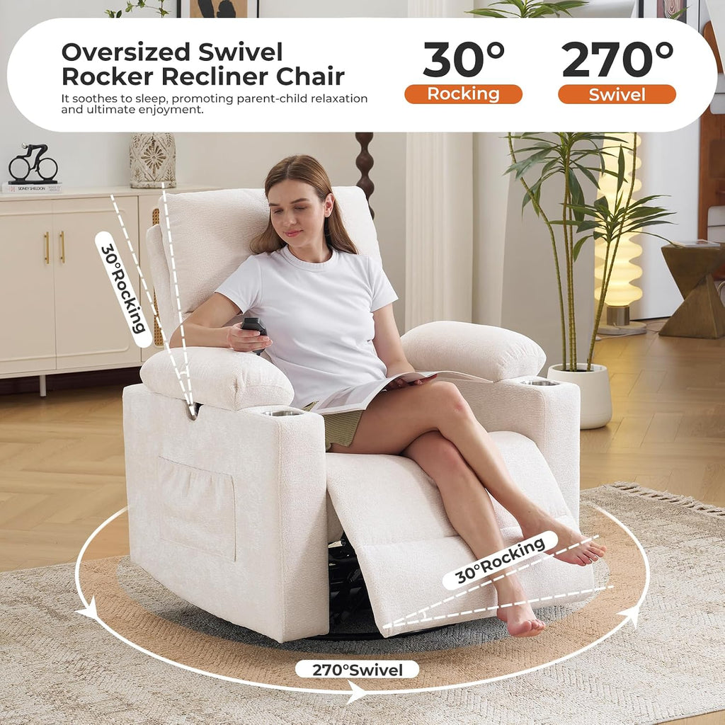 Rocking Chair Nursery with Adjustable Armrests, Electric Glider Recliner Nursing Chair for Breastfeeding with Ottoman, Power Swivel Recliner Chairs with Massage and Heat, White