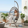 BLUEXYARD Outdoor Hanging Egg Chair with Stand, 350 Lbs Capacity Wicker Rattan Swing Chair with Cozy Cushion, Foldable Weather-Resistant Basket Hammock for Patio Balcony Lawn Bedroom, Brown Tan