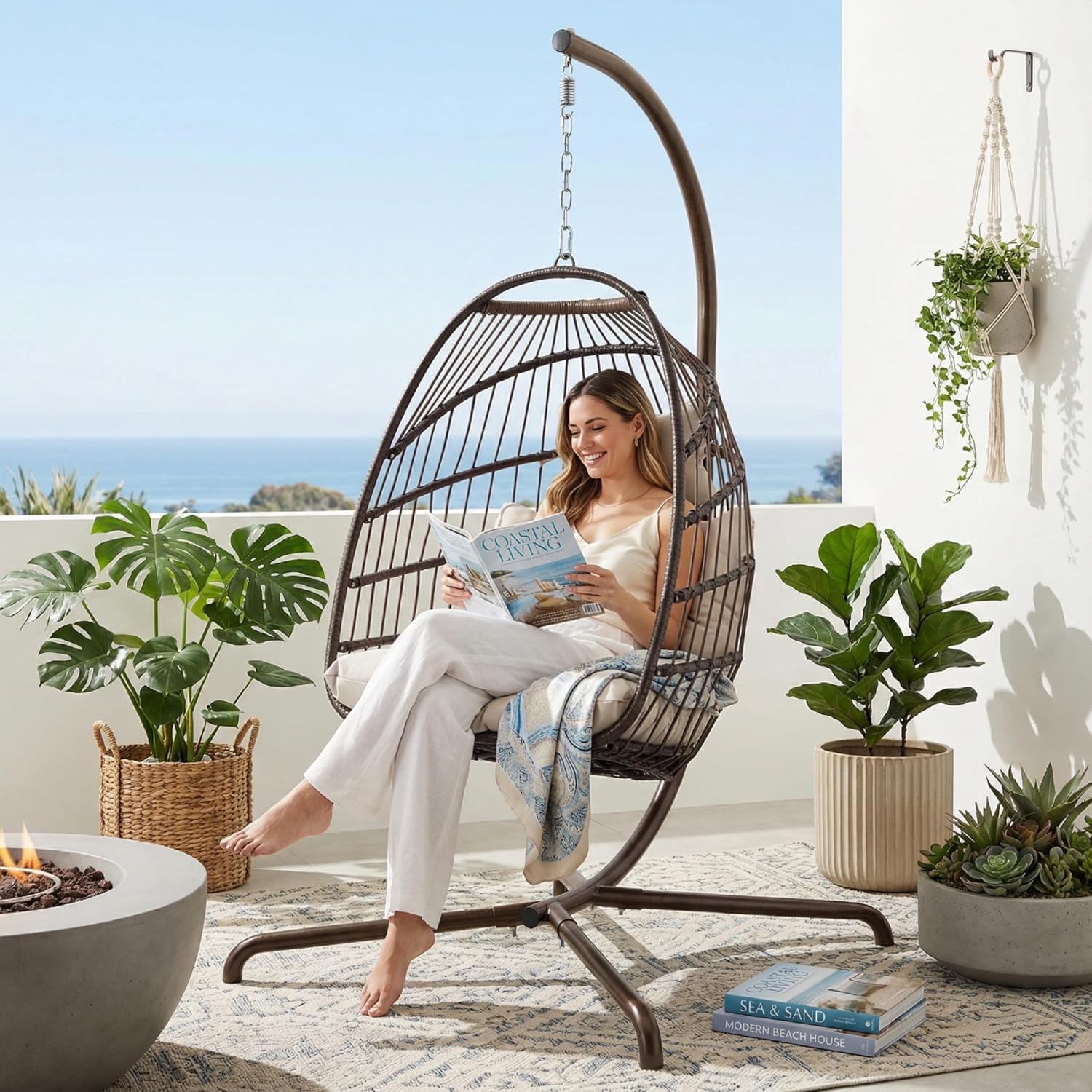 BLUEXYARD Outdoor Hanging Egg Chair with Stand, 350 Lbs Capacity Wicker Rattan Swing Chair with Cozy Cushion, Foldable Weather-Resistant Basket Hammock for Patio Balcony Lawn Bedroom, Brown Tan