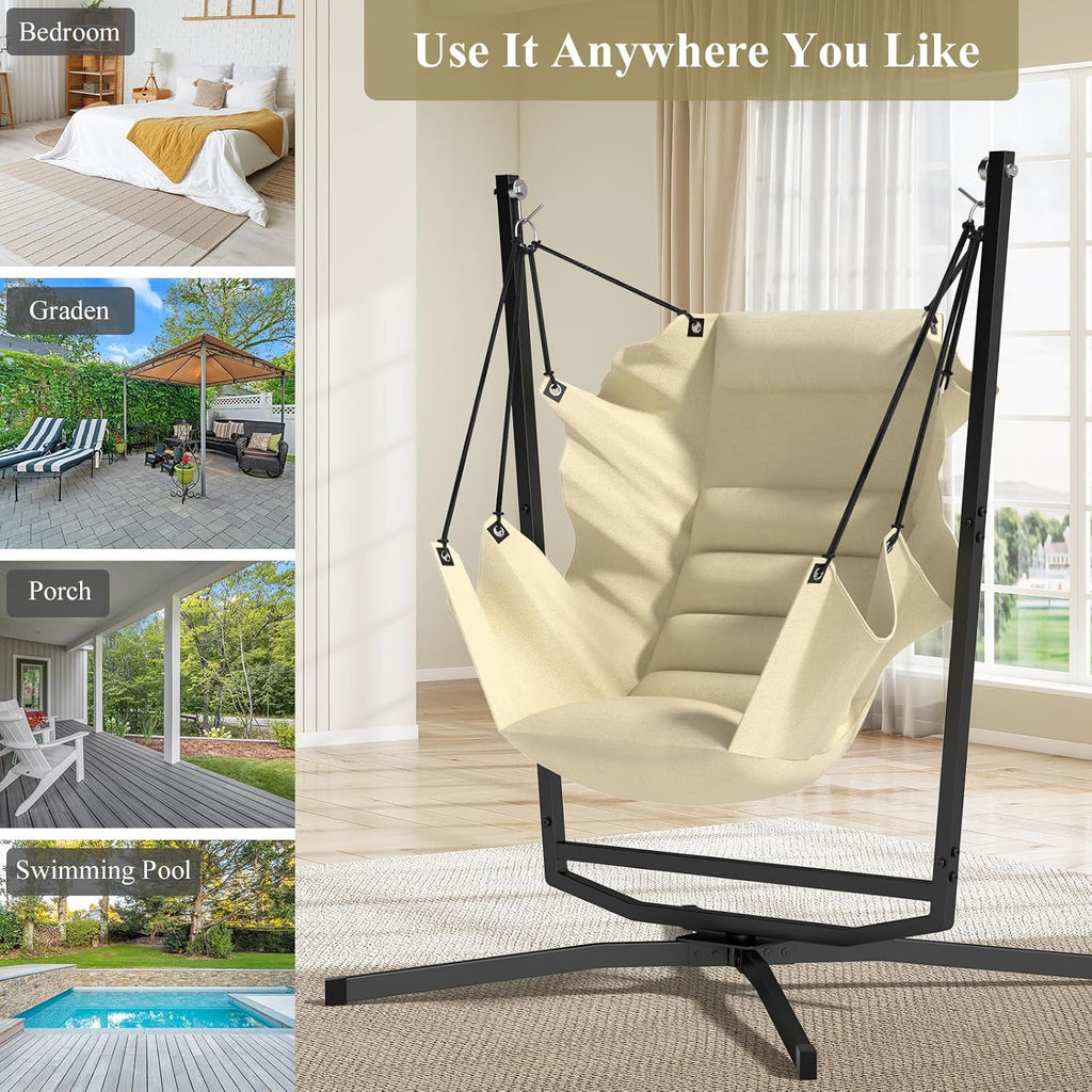 360° Swivel Hammock Swing Chair with Stand - Comfortable Hanging Chair with Cushions (400 lbs Capacity) for Indoor/Outdoor Use - Perfect for Bedroom, Patio, Porch, Deck, Garden, Balcony