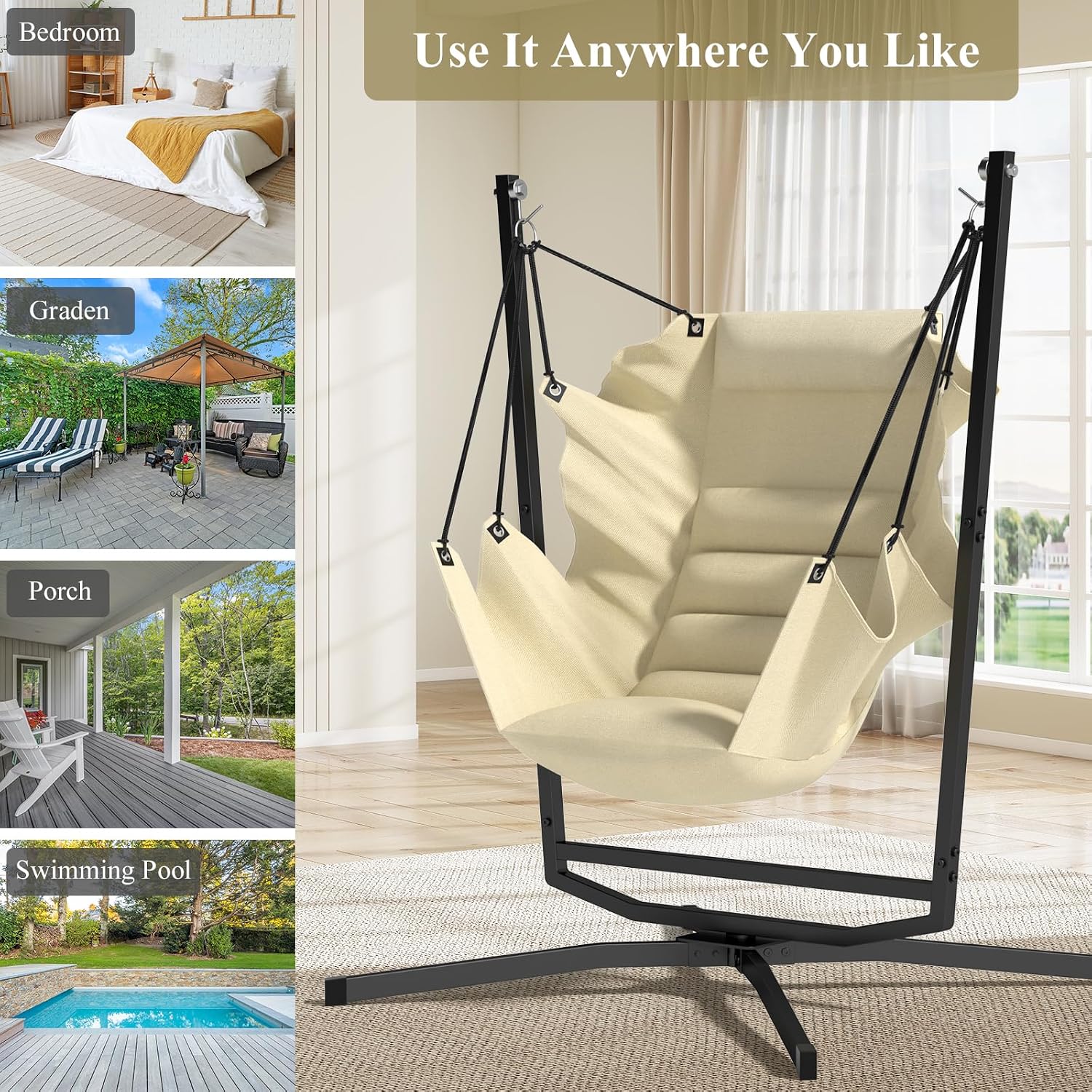 360° Swivel Hammock Swing Chair with Stand - Comfortable Hanging Chair with Cushions (400 lbs Capacity) for Indoor/Outdoor Use - Perfect for Bedroom, Patio, Porch, Deck, Garden, Balcony