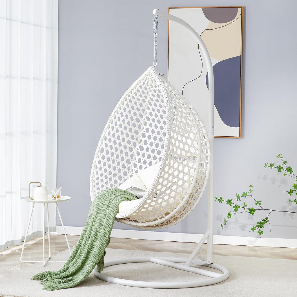 Egg Chair Indoor, Hanging Egg Chair with Stand, Rattan Wicker Swing Chair with Cushions, Swinging Chair for Bedroom Outdoor Patio Balcony Backyard Heavy Duty 350LBS,White