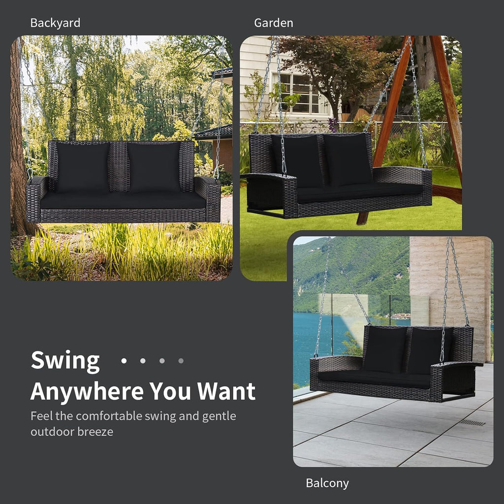 RELAX4LIFE Porch Swing 2-Seat Patio Rattan, Wicker Porch Swings Outdoor W/Two 7.9 Ft Solid Steel Chain, Comfortable Back & Seat Cushions, for Front Porch, Garden, Backyard Patio Swing (Black)