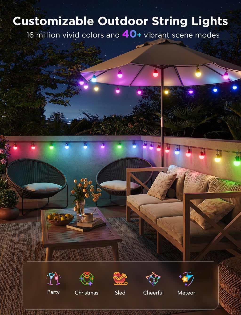 Govee Smart Outdoor String Lights 2, 96ft RGBIC Outdoor Lights with Dimmable Warm White LED Bulbs, 47 Scene Modes for Patio, Backyard, IP65 Waterproof, Compatible with Alexa, App Control