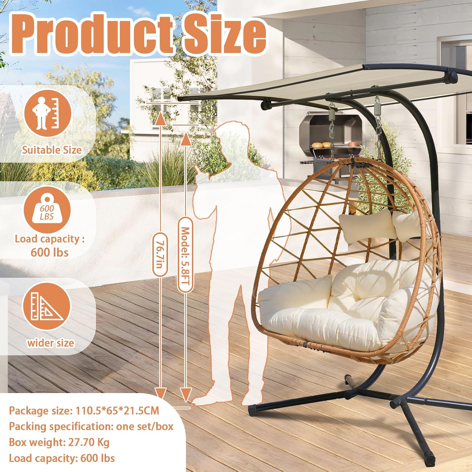 Double Egg Swing Chair with Stand and Canopy Indoor Outdoor, All-Weather Pe Rattan and Sturdy Powder-Coated Steel Frame, Splash-Proof Fabric & Thickened Uv Resistant Cushion, 600lbs Capacity (YB)