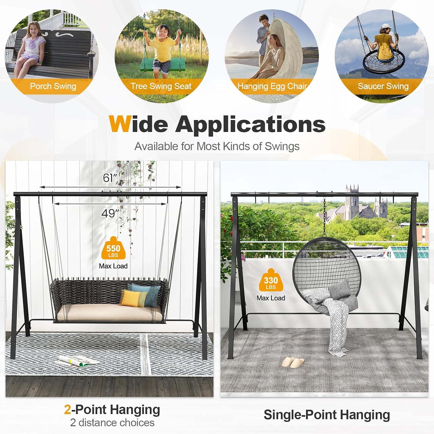 Tangkula Metal Swing Frame, Porch Swing Stand with Extra Side Bars, 5 Hanging Rings, Heavy Duty Swing Frame Outdoor for Swing, Hammock, A-Frame Swing Stand Frame Outdoor for Lawn, Garden, Backyard