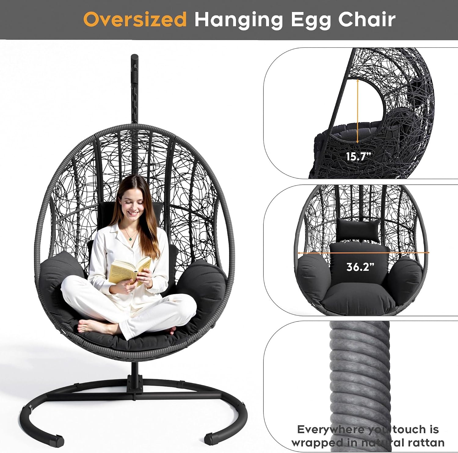 Hanging Egg Chair with Stand, Outdoor Swing Egg Chair with Rain Cover, 400 LBS Capacity All-Weather PE Wicker Swing Chair with Waterproof Cushions