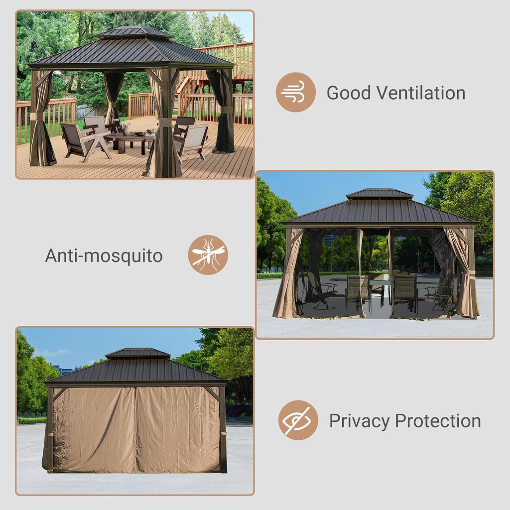 Domi 10'x12' Hardtop Gazebo with Gutters, Outdoor Metal Gazebo for Patios with Galvanized Steel Double Roof, Heavy Duty Curtains and Netting Included, Pergola for Backyard, Garden Lawn, Deck, Brown