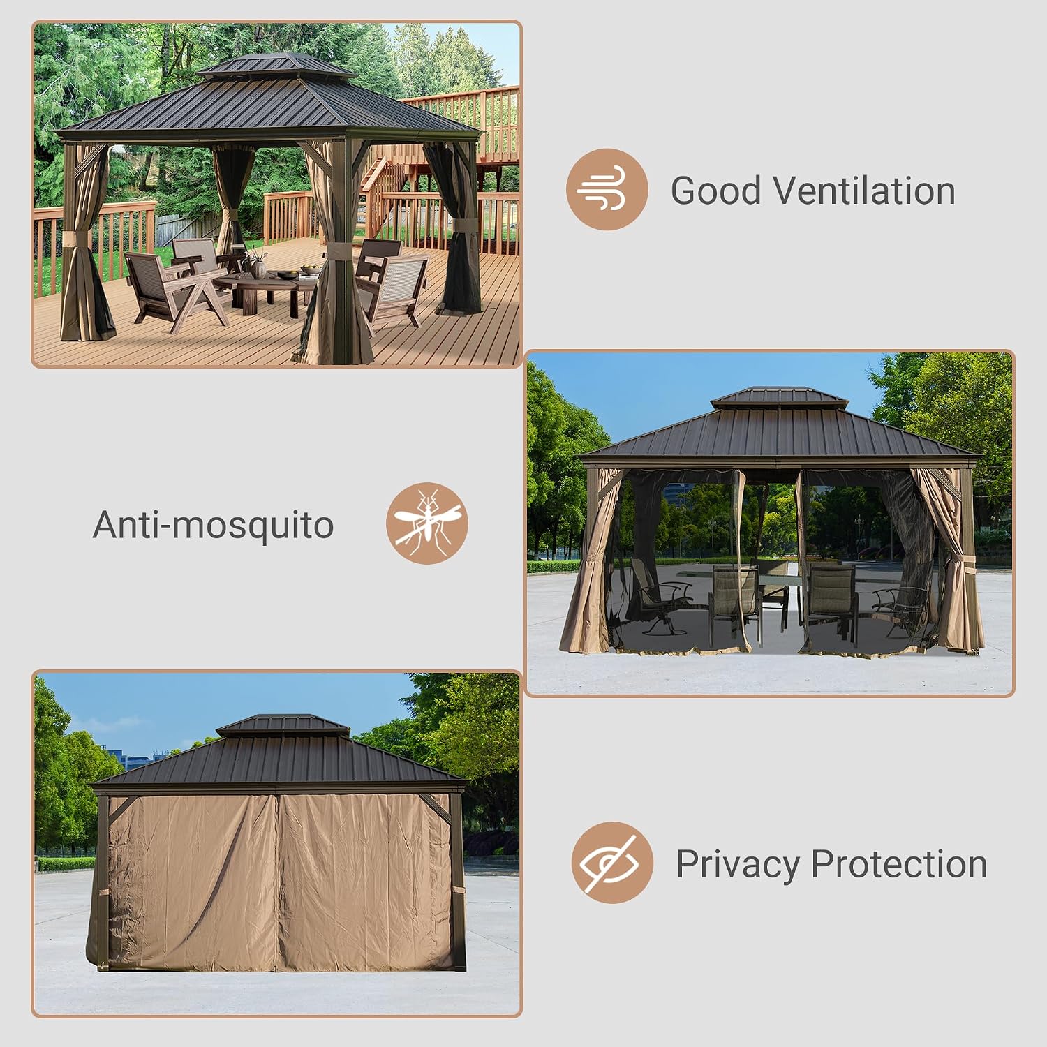 Domi 10'x12' Hardtop Gazebo with Gutters, Outdoor Metal Gazebo for Patios with Galvanized Steel Double Roof, Heavy Duty Curtains and Netting Included, Pergola for Backyard, Garden Lawn, Deck, Brown