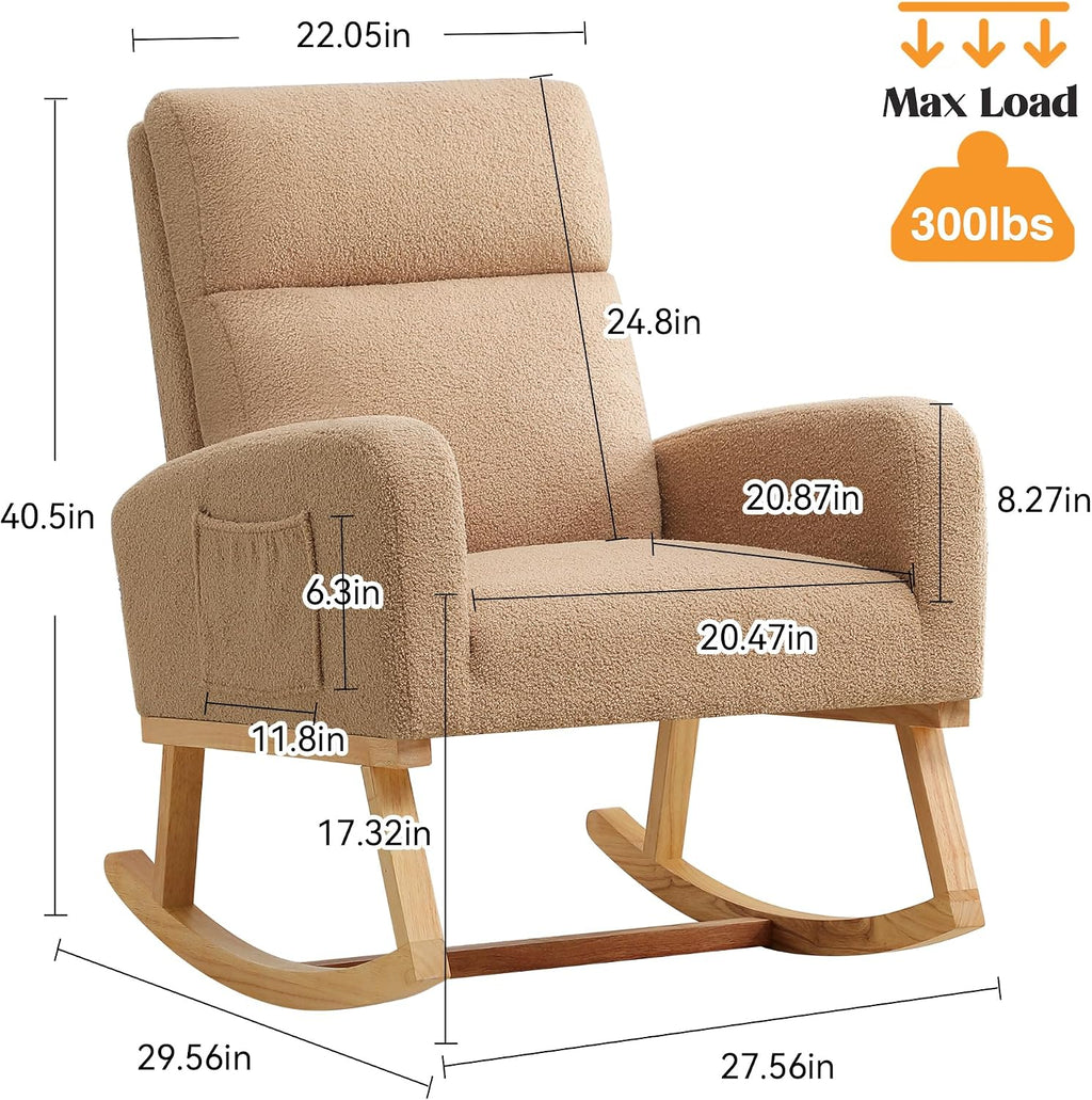 HCHAIRH Rocking Chair Nursery, Sherpa Nursing Rocking Chairs, Upholstered Nursery Glider Rocker for Mom Nursery Morden Accent Rocking Chair with Side Pocket for Living Room,Bedroom,Teddy Camel